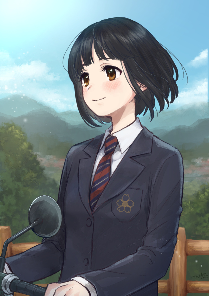 1girl black_hair blush brown_eyes day ground_vehicle highres koguma_(super_cub) motor_vehicle necktie outdoors school_uniform scooter short_hair sky smile solo super_cub tarako_jun