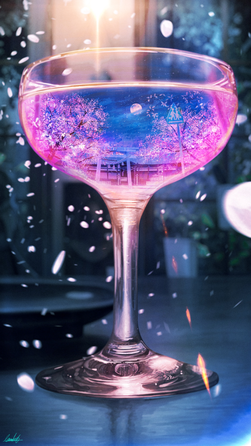 absurdres banishment blue_sky blurry cherry_blossoms commentary_request cup depth_of_field drinking_glass ema fence film_grain full_moon highres huge_filesize indoors light_particles mixed-language_commentary moon night night_sky no_humans original plate reflection road_sign rope scenery shimenawa shrine sign signature sky spring_(season) still_life stone_lantern tassel torii tree vignetting wall window wooden_fence