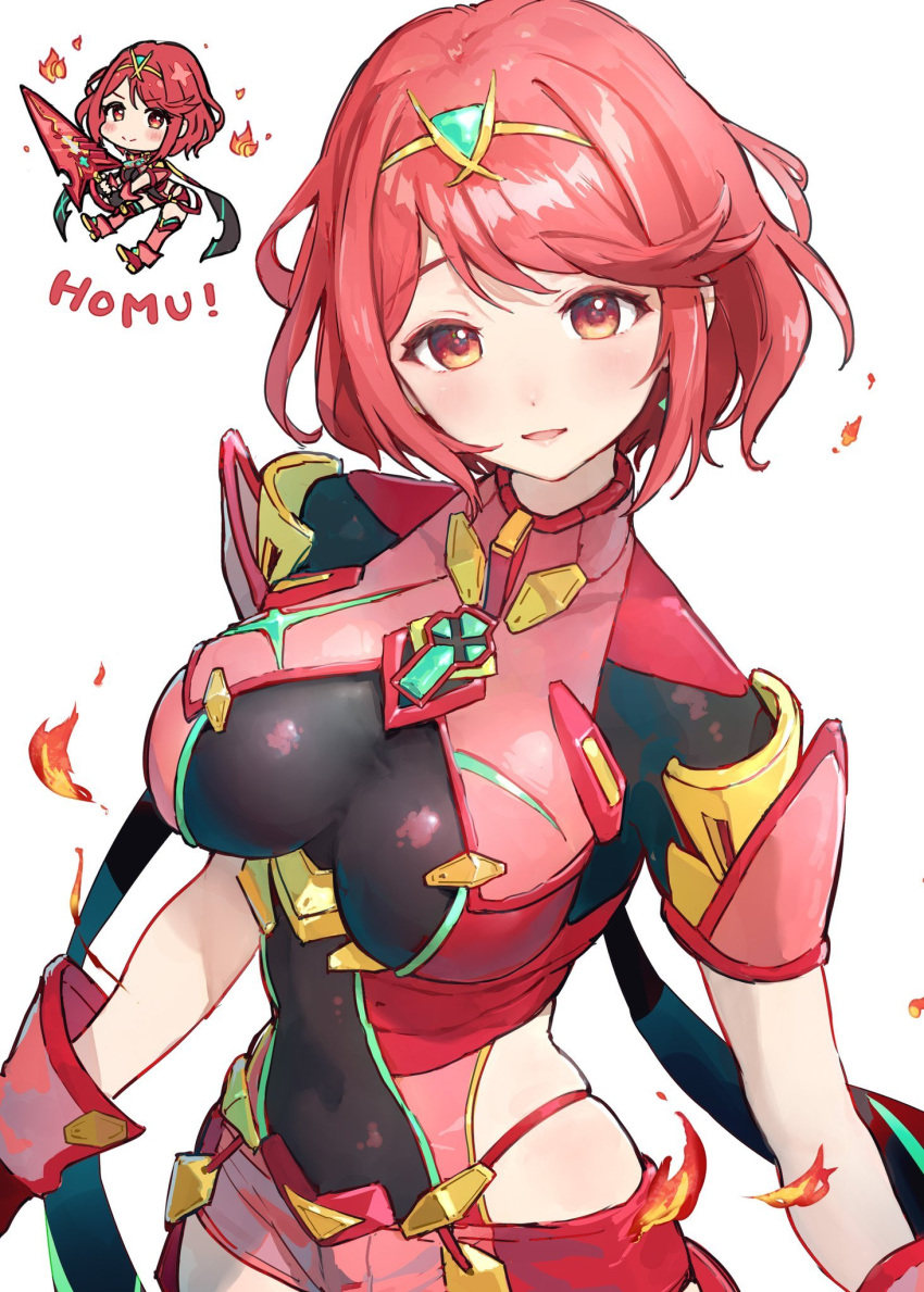 1girl bangs blush breasts chest_jewel earrings fingerless_gloves food gloves highres jewelry large_breasts looking_at_viewer pyra_(xenoblade) red_eyes redhead short_hair sidelocks smile swept_bangs takeashiro tiara xenoblade_chronicles_(series) xenoblade_chronicles_2