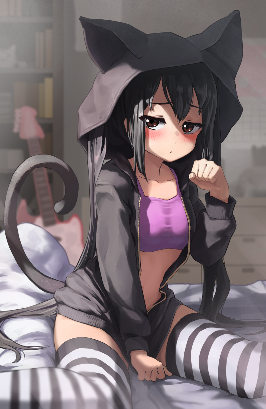 1girl animal_ears animal_hood bed_sheet between_legs black_hair black_hoodie blurry breasts cat_hood cat_tail commission crop_top depth_of_field fake_animal_ears frown hand_up highres hood hoodie k-on! long_hair long_sleeves looking_at_viewer melaton nakano_azusa no_pants on_bed open_clothes open_hoodie paw_pose pillow purple_shirt red_eyes shirt sitting skeb_commission small_breasts solo stomach striped striped_legwear tail tail_raised thigh-highs twintails very_long_hair wariza