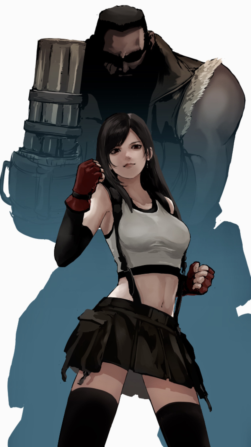 1boy 1girl arm_cannon barret_wallace black_hair black_skirt crop_top dark_skin dark_skinned_male fighting_stance final_fantasy final_fantasy_vii final_fantasy_vii_remake gatling_gun gauss_&lt;bokashi highres looking_at_viewer pleated_skirt shaded_face skirt smile sunglasses suspenders tank_top thigh-highs tifa_lockhart weapon