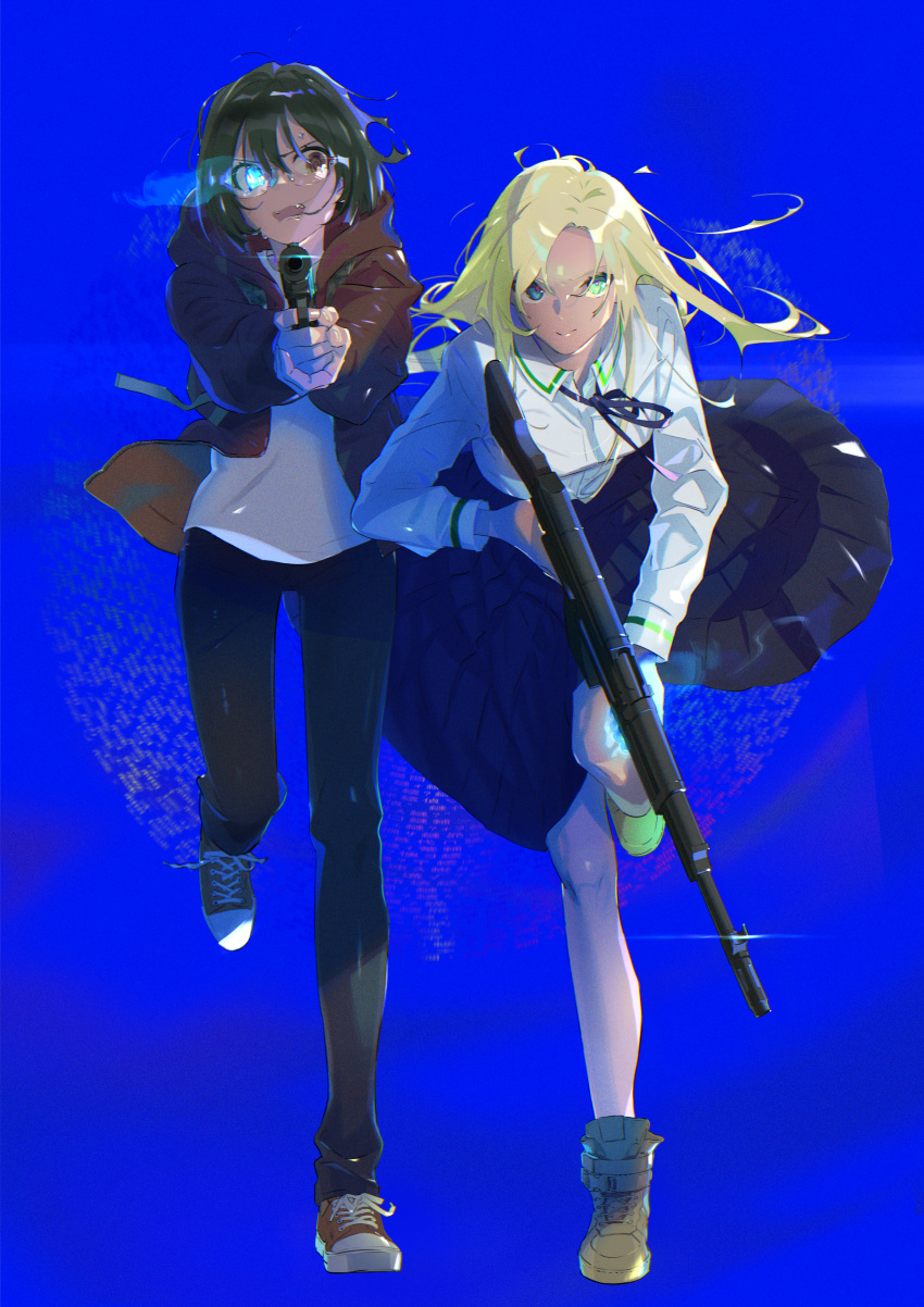 (stag) 2girls absurdres black_hair blonde_hair blue_background blue_eyes boots brown_eyes fang finger_on_trigger gun handgun heterochromia highres holding holding_gun holding_weapon hood hoodie huge_filesize kamikoshi_sorawo makarov_pm multiple_girls nishina_toriko pants rifle shoes skirt sneakers sweatdrop transparent_hand urasekai_picnic weapon