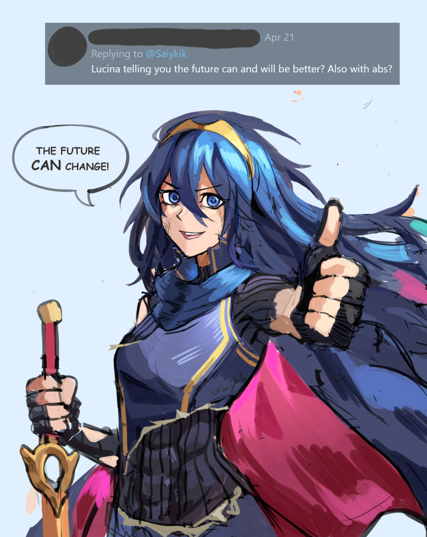 1girl black_gloves blue_eyes blue_hair bodysuit breasts cape english_text falchion_(fire_emblem) fingerless_gloves fire_emblem fire_emblem_awakening gloves hairband highres holding holding_sword holding_weapon long_hair looking_at_viewer lucina_(fire_emblem) open_mouth saiykik simple_background small_breasts smile solo sword thumbs_up torn_clothes weapon