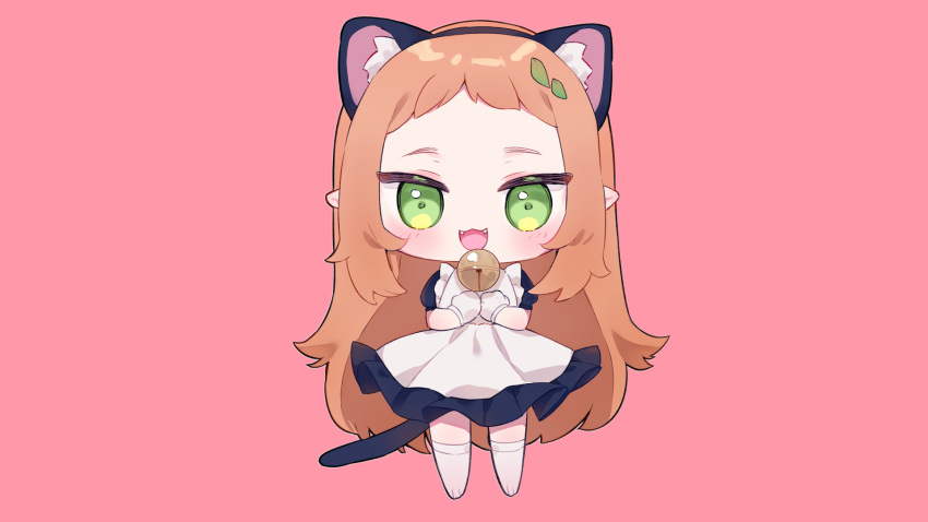 1girl :3 :d animal_ear_fluff animal_ears apron bell black_dress black_hairband blush brown_hair cat_ears cat_tail cheli_(kso1564) commentary_request copyright_request dress fake_animal_ears fangs frilled_apron frills full_body gloves green_eyes hair_ornament hairband highres jingle_bell leaf_hair_ornament long_hair looking_at_viewer maid maid_apron official_art open_mouth pink_background pointy_ears puffy_short_sleeves puffy_sleeves short_sleeves simple_background smile solo standing tail very_long_hair white_gloves white_legwear