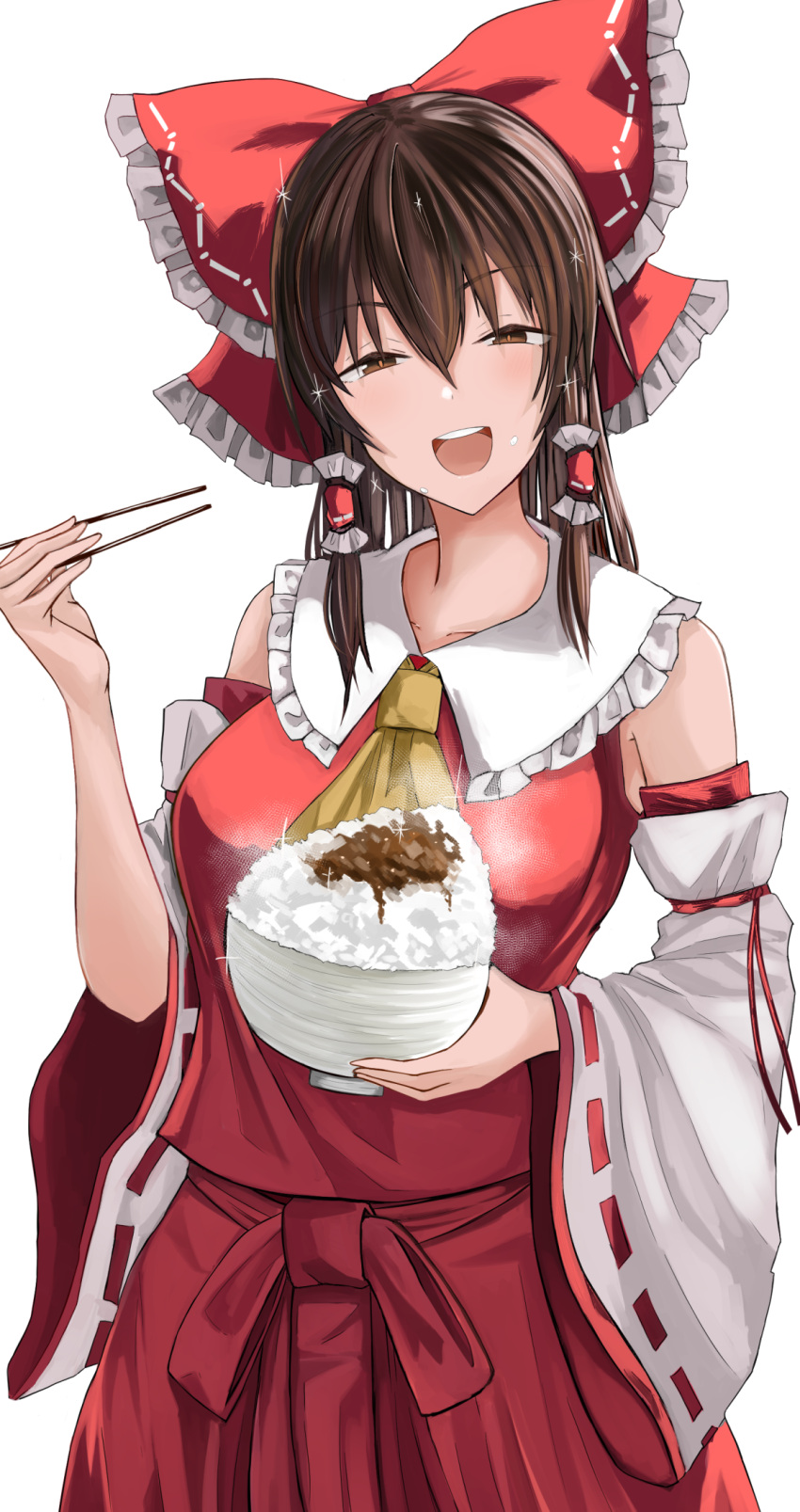 1girl :d bare_shoulders bow chopsticks commentary_request cowboy_shot detached_sleeves frills hair_bow hakurei_reimu highres holding holding_chopsticks koujouchou open_mouth red_bow simple_background smile solo touhou white_background