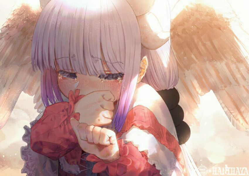 1girl angel_wings artist_logo bangs blunt_bangs blush capelet child close-up crying crying_with_eyes_open dragon_girl dragon_horns eyebrows_visible_through_hair eyelashes gradient_hair hands_up hani_haya highres horns kanna_kamui kobayashi-san_chi_no_maidragon light_purple_hair long_sleeves low_twintails multicolored_hair sad shiny shiny_hair sidelocks signature solo symbol_commentary tears twintails upper_body wings wiping_tears