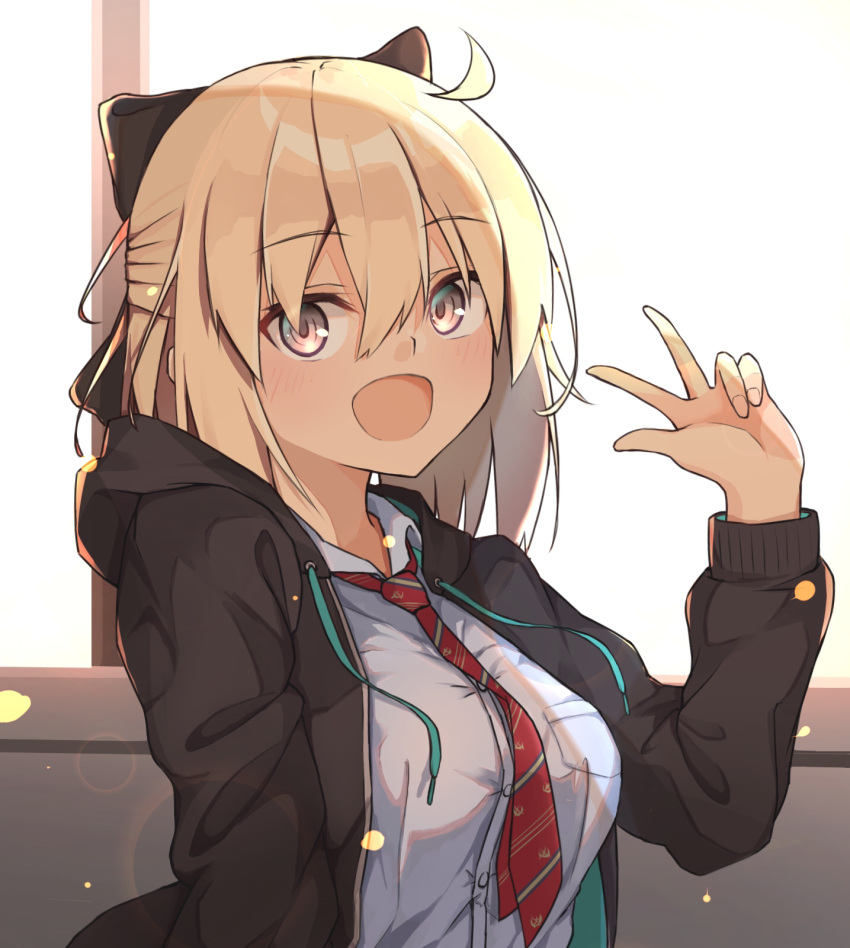 1girl ahoge asashin_(asn) bangs black_hoodie blonde_hair blush bow breast_pocket collared_shirt eyebrows_visible_through_hair fate/grand_order fate_(series) grey_eyes hair_between_eyes hair_bow hand_up highres hood hoodie long_sleeves looking_at_viewer looking_to_the_side medium_hair necktie okita_souji_(fate) okita_souji_(fate)_(all) open_mouth pocket shirt sidelocks smile solo upper_body v white_shirt