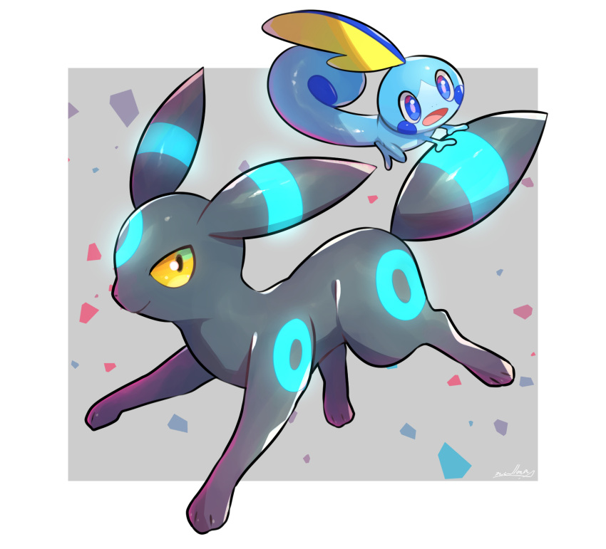 blue_eyes border closed_mouth commentary_request gen_2_pokemon gen_8_pokemon hanging highres no_humans nullma open_mouth outside_border paws pokemon pokemon_(creature) shiny shiny_skin smile sobble starter_pokemon toes tongue umbreon white_border