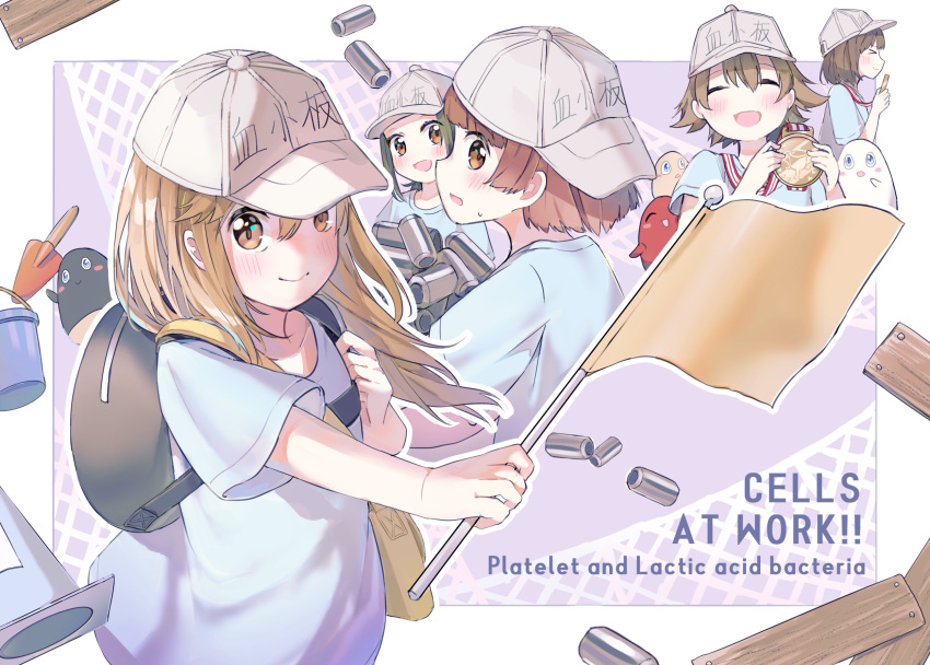 5girls :d ^_^ backpack backwards_hat bag bangs baseball_cap blue_eyes blue_shirt blush brown_eyes brown_hair bucket character_name closed_eyes closed_mouth clothes_writing commentary_request copyright_name eyebrows_visible_through_hair flag grey_headwear hair_between_eyes hat hataraku_saibou highres holding holding_flag lactic_acid_bacteria_(hataraku_saibou) medal multiple_girls open_mouth platelet_(hataraku_saibou) shirt short_sleeves smile soranagi_yuki trowel