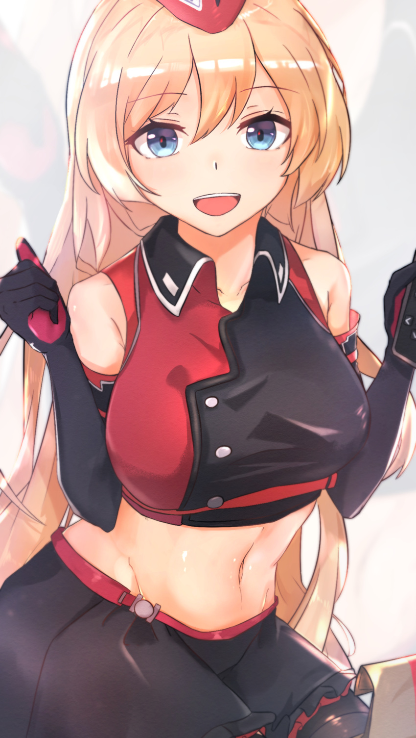 1girl absurdres black_gloves black_legwear black_skirt blonde_hair blue_eyes breasts collarbone commission couch crop_top elbow_gloves eyebrows_visible_through_hair f2000_(girls_frontline) girls_frontline gloves hat highres holding long_hair looking_at_viewer medium_breasts muteppona_hito navel open_mouth shirt sitting skeb_commission skirt sleeveless sleeveless_shirt smile solo thigh-highs
