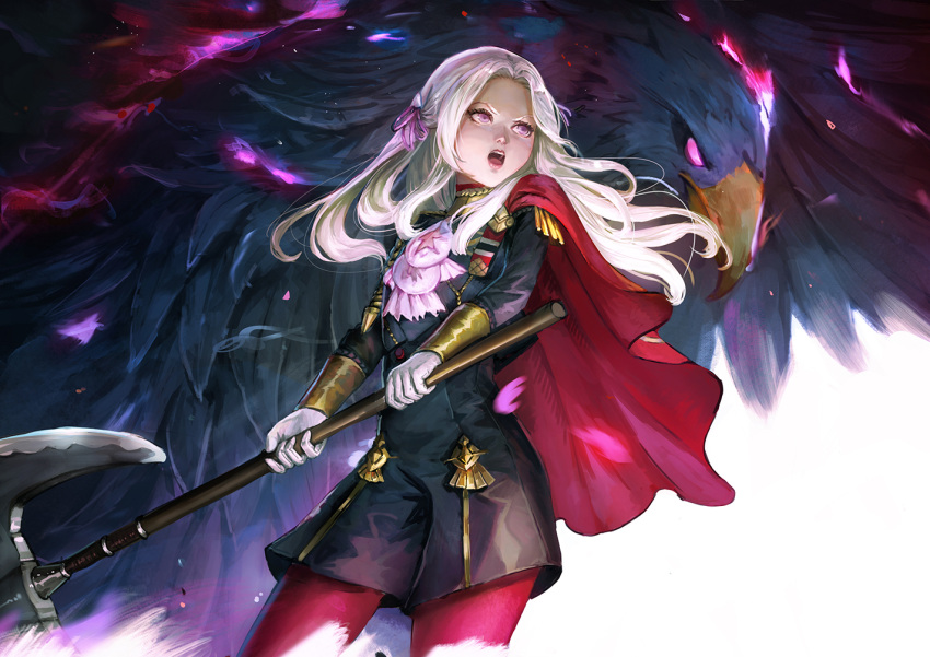 1girl animal artist_request axe bird cape closed_mouth cravat eagle edelgard_von_hresvelg fire_emblem fire_emblem:_three_houses garreg_mach_monastery_uniform gloves hair_ornament hair_ribbon long_hair long_sleeves looking_at_viewer pantyhose red_cape ribbon simple_background solo uniform violet_eyes weapon white_hair