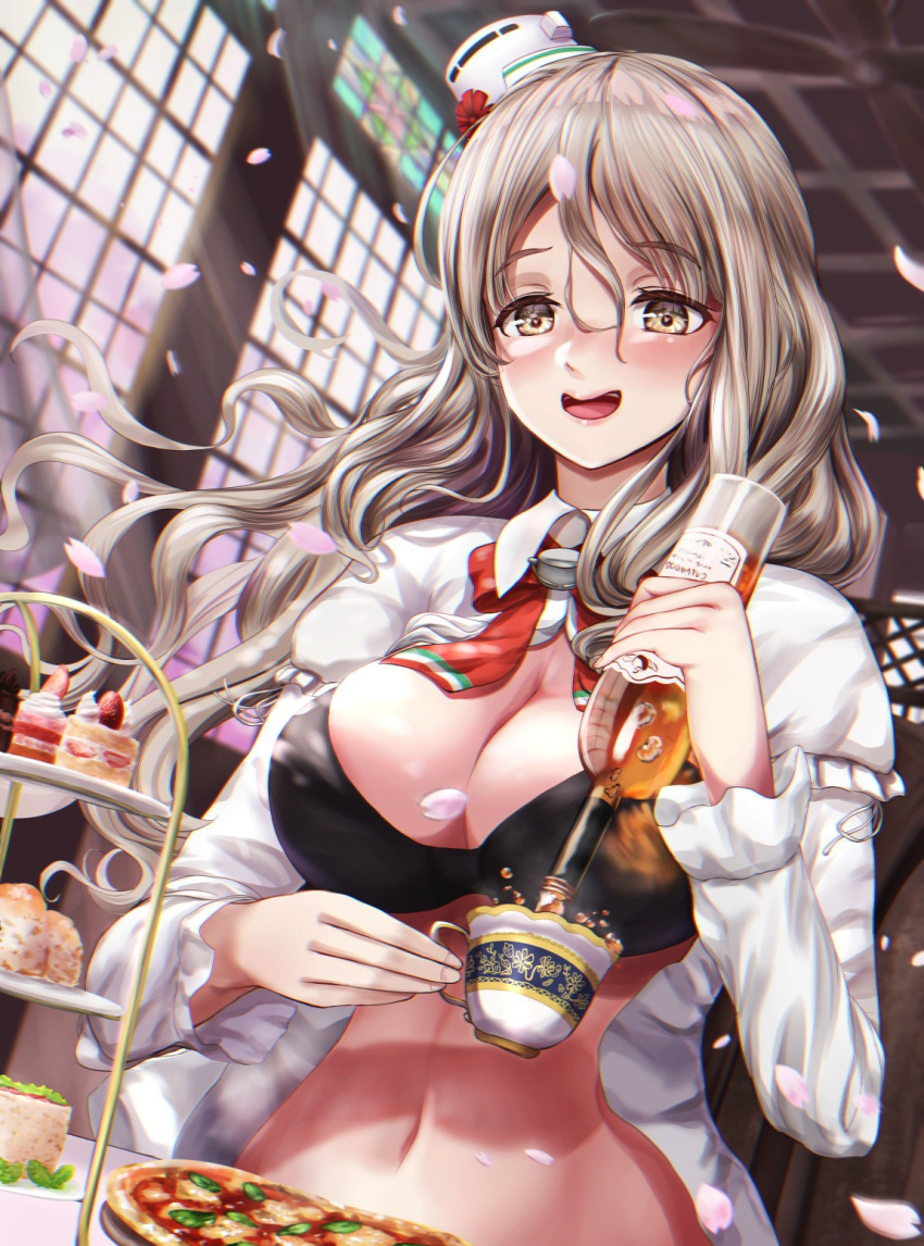 1girl black_bra bottle bow bowtie bra breasts brown_eyes cup food grey_hair hat highres holding holding_bottle holding_cup kantai_collection large_breasts long_sleeves mini_hat miniskirt open_clothes open_shirt pizza pola_(kancolle) pouring red_neckwear sabakuomoto shirt skirt solo teacup tilted_headwear underwear wavy_hair white_shirt