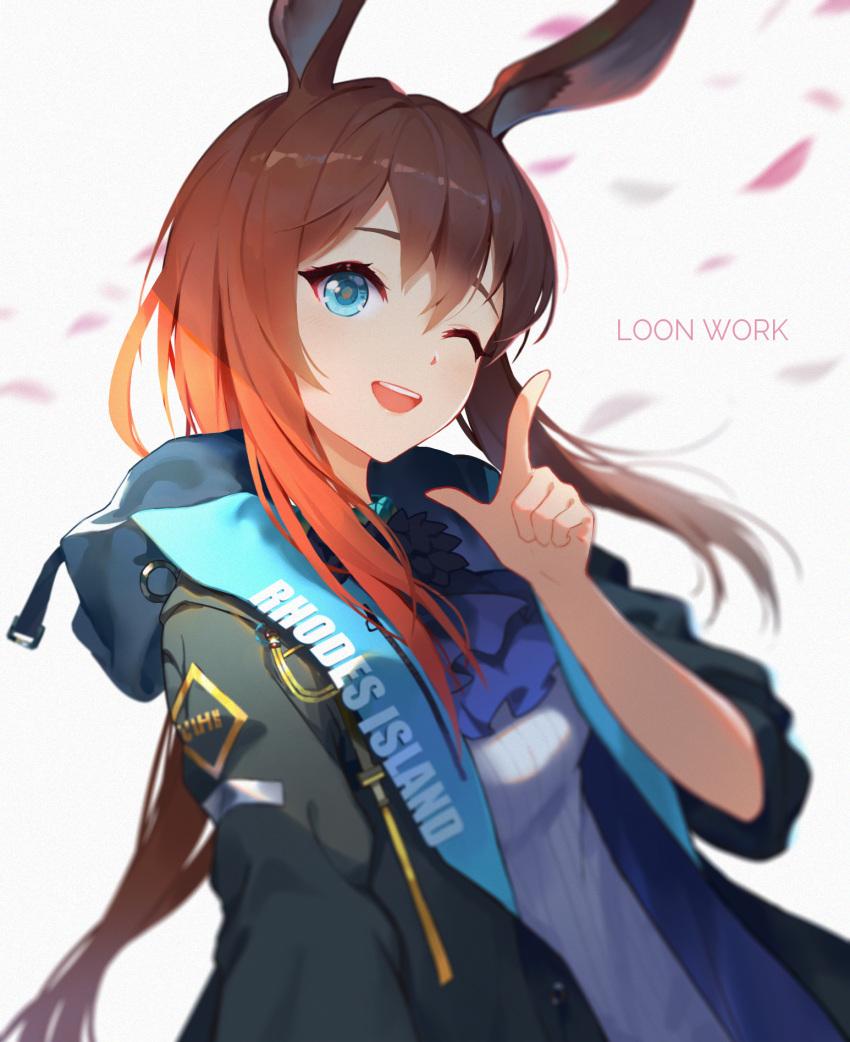 1girl ;d amiya_(arknights) animal_ears arknights ascot bangs black_jacket blue_eyes blurry brown_hair commentary depth_of_field english_text eyebrows_visible_through_hair gu_tao highres hood hoodie index_finger_raised jacket long_hair long_sleeves looking_at_viewer low_ponytail one_eye_closed open_mouth petals rabbit_ears shade sidelocks smile solo white_background wind