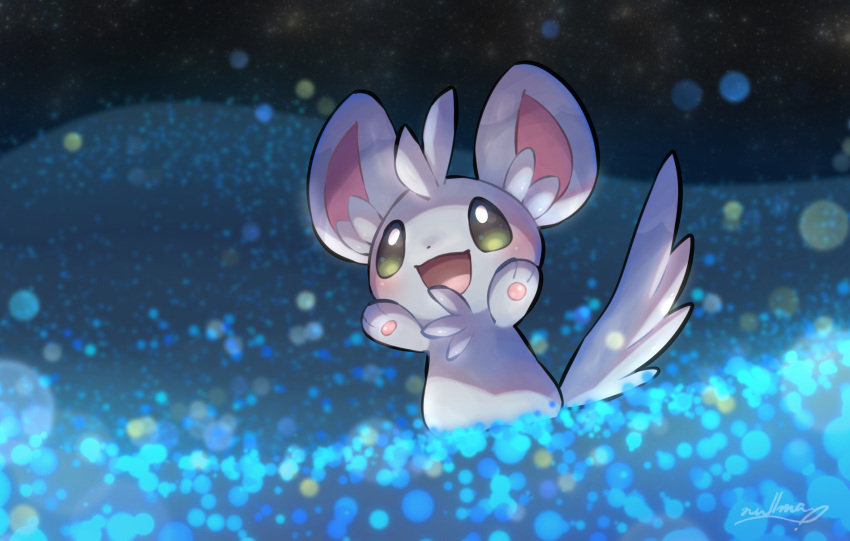 :d blurry blush commentary_request creature gen_5_pokemon green_eyes grey_fur highres looking_up minccino no_humans nullma open_mouth pokemon pokemon_(creature) smile solo standing tongue