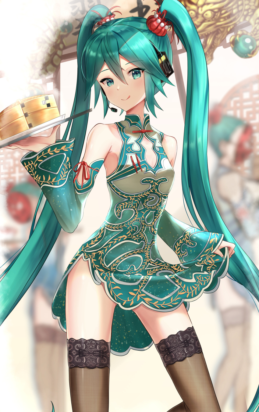 1girl :&gt; :p absurdres aqua_dress aqua_eyes aqua_hair aqua_sleeves bamboo_steamer bare_shoulders black_legwear blurry blurry_background china_dress chinese_clothes commentary contrapposto cowboy_shot detached_sleeves dress hand_up hatsune_miku headphones highres itogari lace-trimmed_legwear lace_trim leaf_print long_hair looking_at_viewer mask mouth_mask project_diva_(series) red_ribbon ribbon skinny skirt skirt_lift smile steam suigyoku_(module) thigh-highs tongue tongue_out tray twintails very_long_hair vocaloid