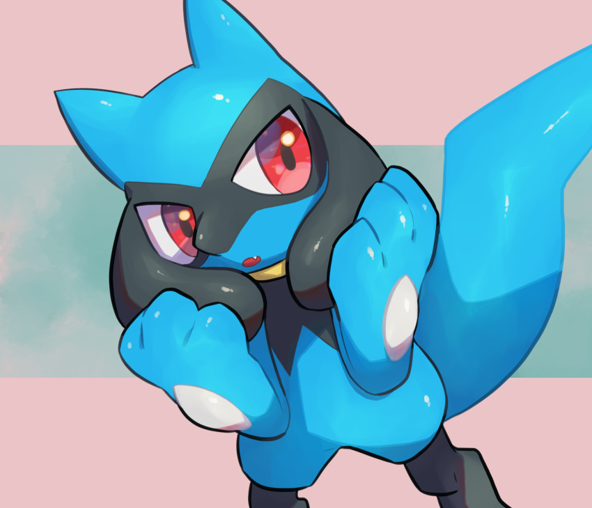 :o commentary_request creature fang gen_4_pokemon hands_up highres looking_to_the_side no_humans nullma open_mouth pokemon pokemon_(creature) red_eyes riolu shiny shiny_skin solo standing