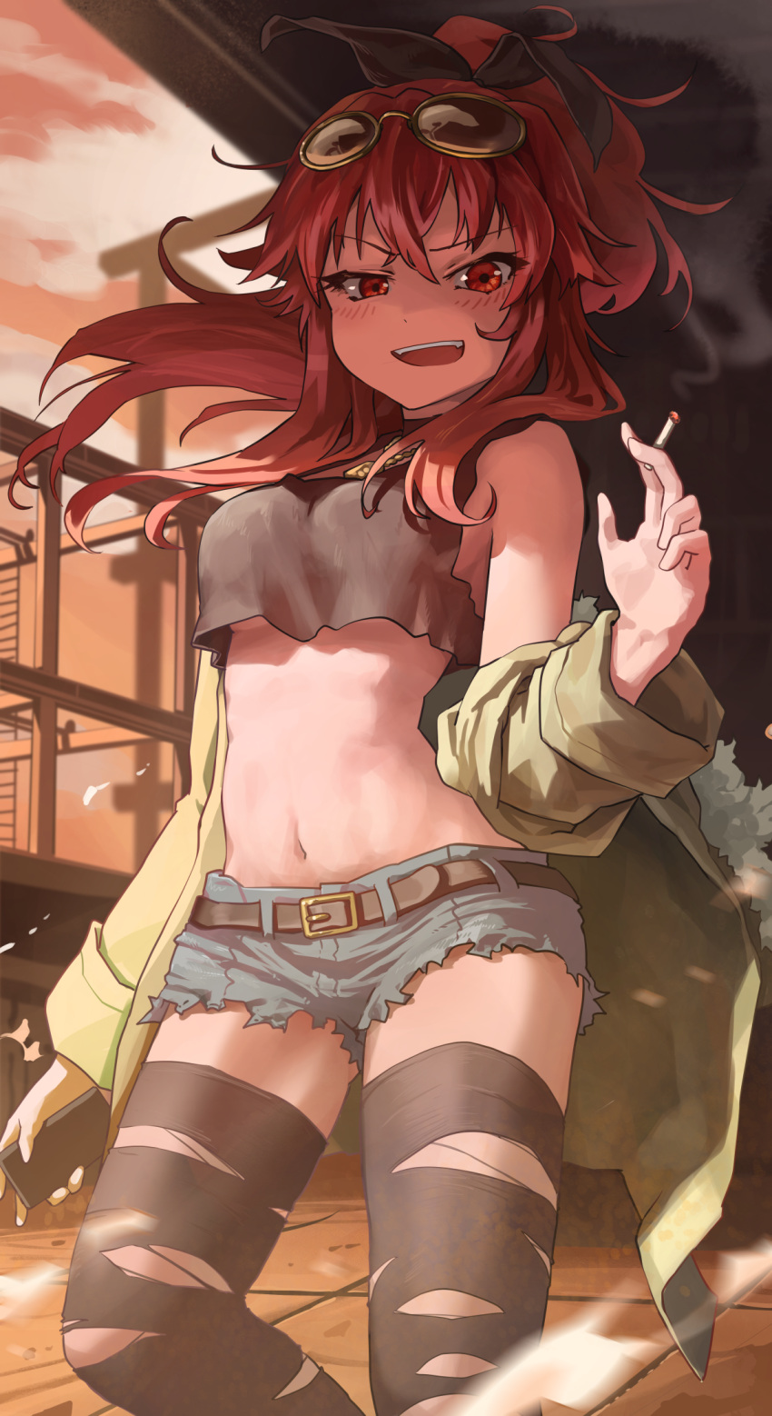 1girl :d bare_shoulders belt black_choker black_legwear black_shirt blue_shorts breasts brown_coat choker cigarette coat commission crop_top crop_top_overhang cutoffs denim denim_shorts eyewear_on_head floating_hair goggles hair_ribbon highres holding long_hair long_sleeves looking_at_viewer medium_breasts melaton micro_shorts midriff navel off_shoulder open_clothes open_coat open_mouth original ponytail red_eyes redhead revealing_clothes ribbon shirt short_shorts shorts skeb_commission sleeveless sleeveless_shirt smile smoke solo standing stomach thigh-highs torn_clothes torn_legwear uneven_eyes v-shaped_eyebrows