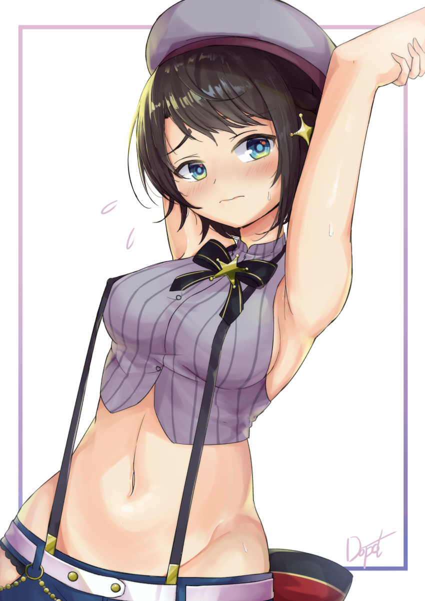 1girl adopot aqua_eyes arm_grab armpits arms_behind_head arms_up bangs black_neckwear blue_shorts blush bow bowtie breasts brown_hair cowboy_shot cropped_shirt embarrassed grey_headwear grey_shirt groin hat high_collar highres hip_bones hip_vent hololive large_breasts looking_at_viewer lowleg lowleg_shorts midriff navel oozora_subaru panties panty_peek pinstripe_pattern pinstripe_shirt sailor_hat shirt short_hair shorts sideboob signature sleeveless sleeveless_shirt solo star_(symbol) striped suspender_shorts suspenders swept_bangs underwear virtual_youtuber wide_hips