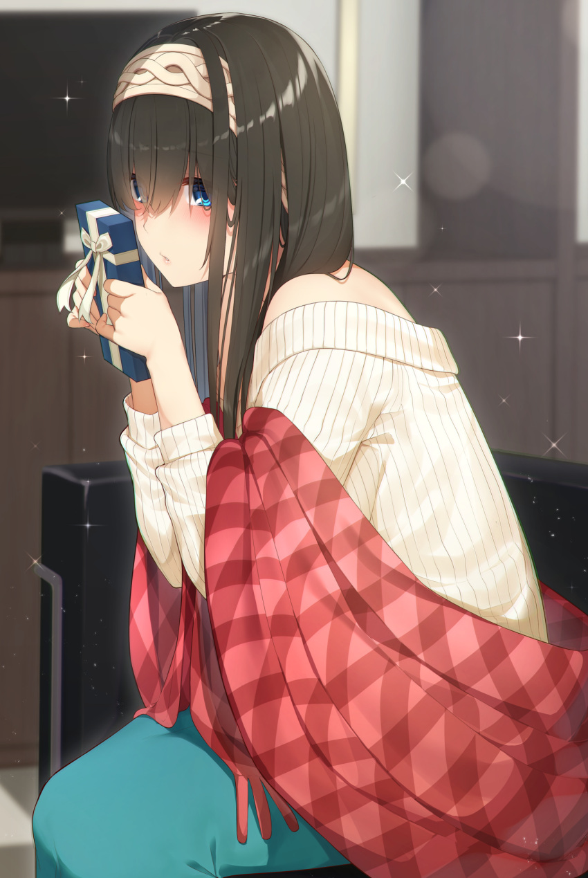 1girl bangs bare_shoulders blurry blurry_background blush brown_hair from_side gift go-1 grey_skirt hair_between_eyes hairband hands_up highres holding holding_gift idolmaster idolmaster_cinderella_girls long_hair long_sleeves off-shoulder_sweater off_shoulder parted_lips plaid plaid_scarf sagisawa_fumika scarf sidelocks sitting skirt solo sweater television violet_eyes