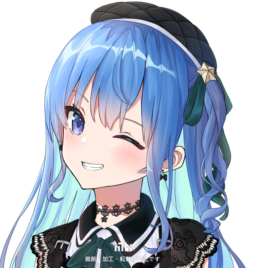 1girl aoki_chiaki beret blue_eyes blue_hair blush chinese_text earrings eyebrows_visible_through_hair hat hololive hoshimachi_suisei jewelry one_eye_closed simple_background star_(symbol) star_in_eye symbol_in_eye virtual_youtuber white_background