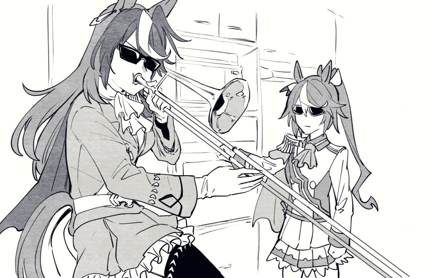 2girls animal_ears breasts character_request clenched_hand gloves greyscale highres horse_ears horse_tail instrument jacket medium_breasts meme monochrome multiple_girls music playing_instrument ponytail skirt sunglasses tail takatsuki_nato thigh-highs trombone umamusume when_mama_isn't_home