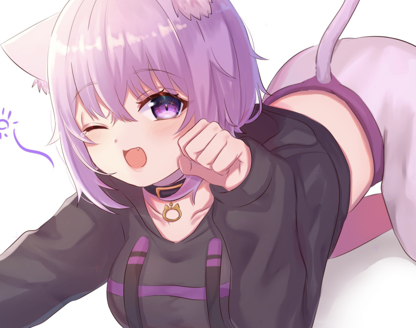 1girl :3 all_fours animal_collar animal_ears bangs black_collar black_hoodie breasts cat_ears cat_girl cat_tail clothing_cutout collar collarbone crop_top fang hair_between_eyes highres hololive hood hoodie large_breasts long_sleeves looking_at_viewer nekomata_okayu one_eye_closed open_mouth pants paw_pose purple_hair rain_0007 short_hair solo stretch sweatpants tail tail_cutout violet_eyes virtual_youtuber white_background white_pants yawning
