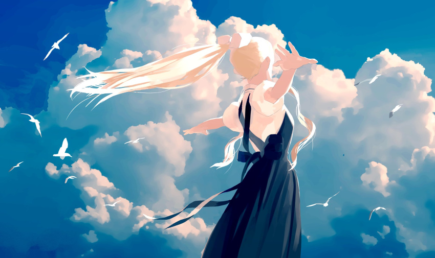 1girl air backless_outfit black_dress blonde_hair blue_sky bow clouds day dress floating_hair from_side hair_bow hands_up highres kamio_misuzu long_hair oomiya_io outdoors outstretched_arms puffy_short_sleeves puffy_sleeves shiny shiny_hair short_sleeves sky solo white_bow