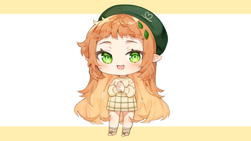 1girl :d beret blush brown_background brown_footwear brown_hair brown_legwear brown_shirt brown_skirt cheli_(kso1564) chibi copyright_request forehead full_body green_eyes green_headwear hair_ornament hands_clasped hat highres leaf_hair_ornament long_hair long_sleeves looking_at_viewer official_art open_mouth own_hands_together pointy_ears puffy_long_sleeves puffy_sleeves shirt shoes skirt smile socks solo standing two-tone_background very_long_hair white_background