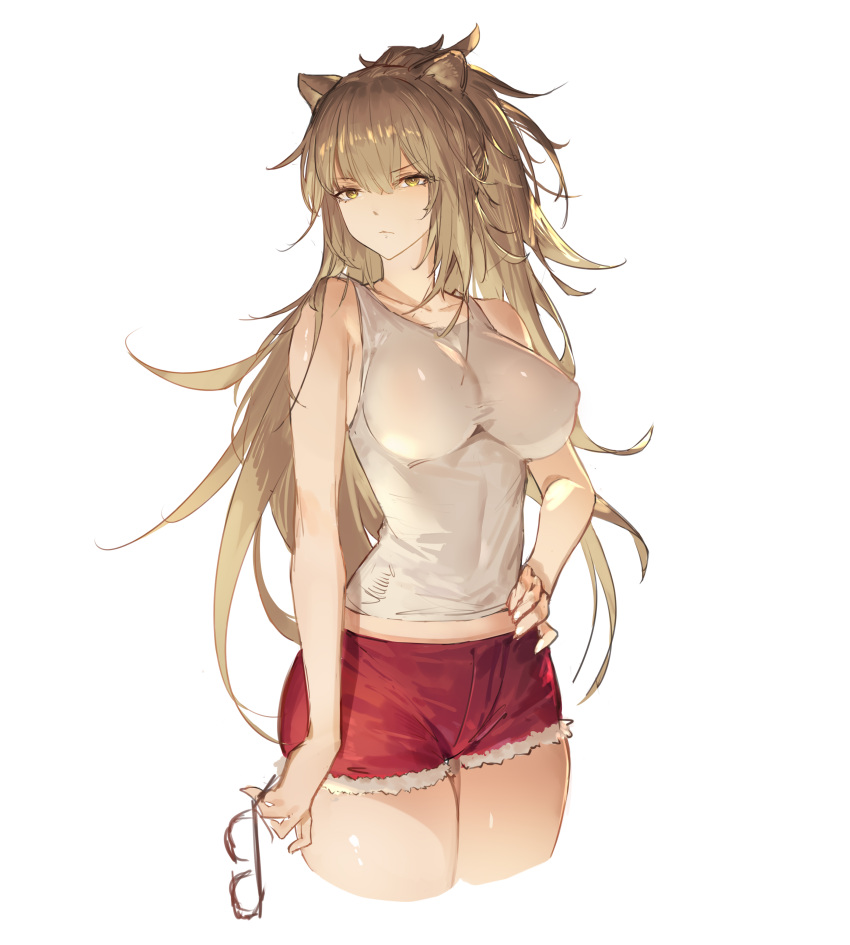 1girl absurdres animal_ears arknights bangs bare_arms bare_shoulders breasts brown_eyes brown_hair commentary_request cropped_legs cutoffs gkd111 grey_tank_top hair_between_eyes hand_on_hip highres impossible_clothes impossible_shirt large_breasts lion_ears long_hair looking_at_viewer midriff_peek red_shorts shirt short_shorts shorts siege_(arknights) simple_background solo standing tank_top thighs white_background