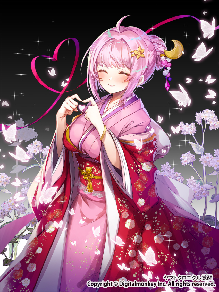1girl ahoge apple_caramel bangs black_background blush bug butterfly closed_eyes company_name crescent crescent_hair_ornament flower gradient gradient_background hair_bun hair_ornament heart heart_hands highres japanese_clothes kimono obi official_art original pink_hair pink_kimono pink_ribbon red_robe ribbon sash smile watermark white_butterfly