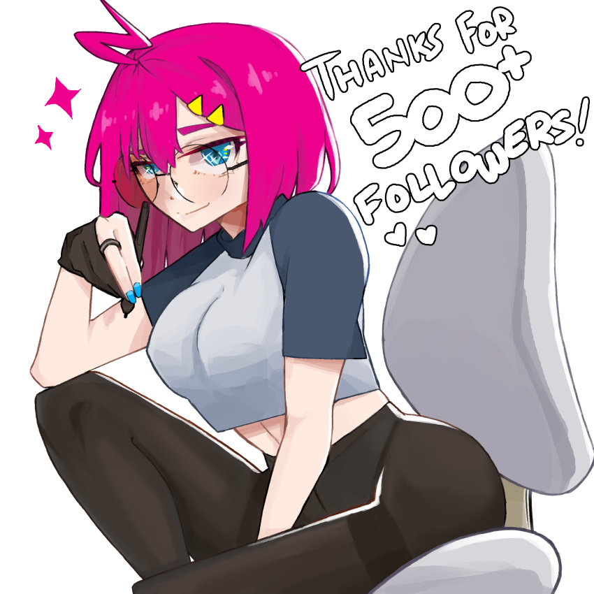 blue_eyes glasses highres holding looking_at_viewer navel nicosarea pantyhose pink_hair short_hair short_sleeves sitting solo stylus