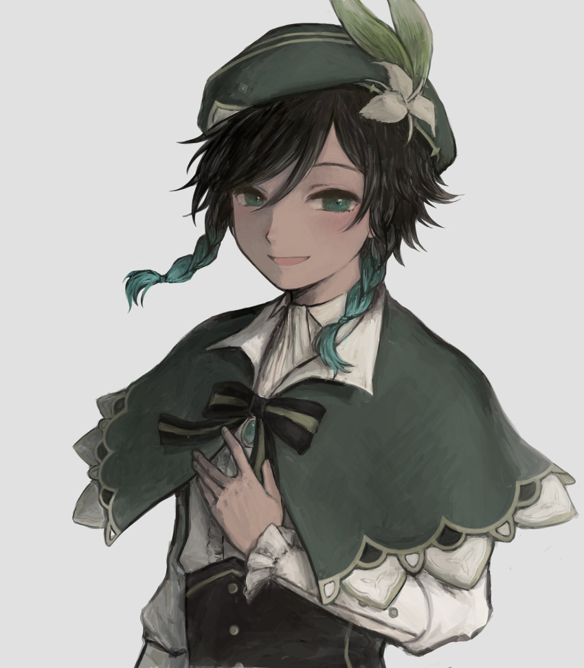 1boy a_(pahg4845) androgynous bangs beret black_hair blue_hair bow braid brooch cape collared_cape collared_shirt commentary_request corset flower frilled_sleeves frills gem genshin_impact gradient_hair green_eyes green_headwear grey_background hand_on_own_chest hat hat_flower highres jewelry leaf long_sleeves looking_at_viewer male_focus multicolored_hair open_mouth shirt short_hair_with_long_locks simple_background smile solo twin_braids venti_(genshin_impact) white_flower white_shirt