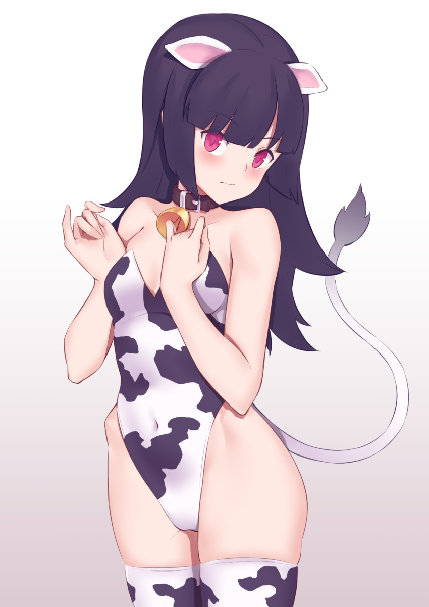 1girl animal_ears animal_print bangs bare_arms bare_shoulders bell black_hair blush brown_background brown_collar closed_mouth collar collarbone commentary_request covered_navel cow_ears cow_girl cow_print cow_tail eyebrows_visible_through_hair gradient gradient_background hands_up highres jilu leotard long_hair looking_at_viewer neck_bell original print_legwear print_leotard red_eyes solo strapless strapless_leotard tail thigh-highs white_background
