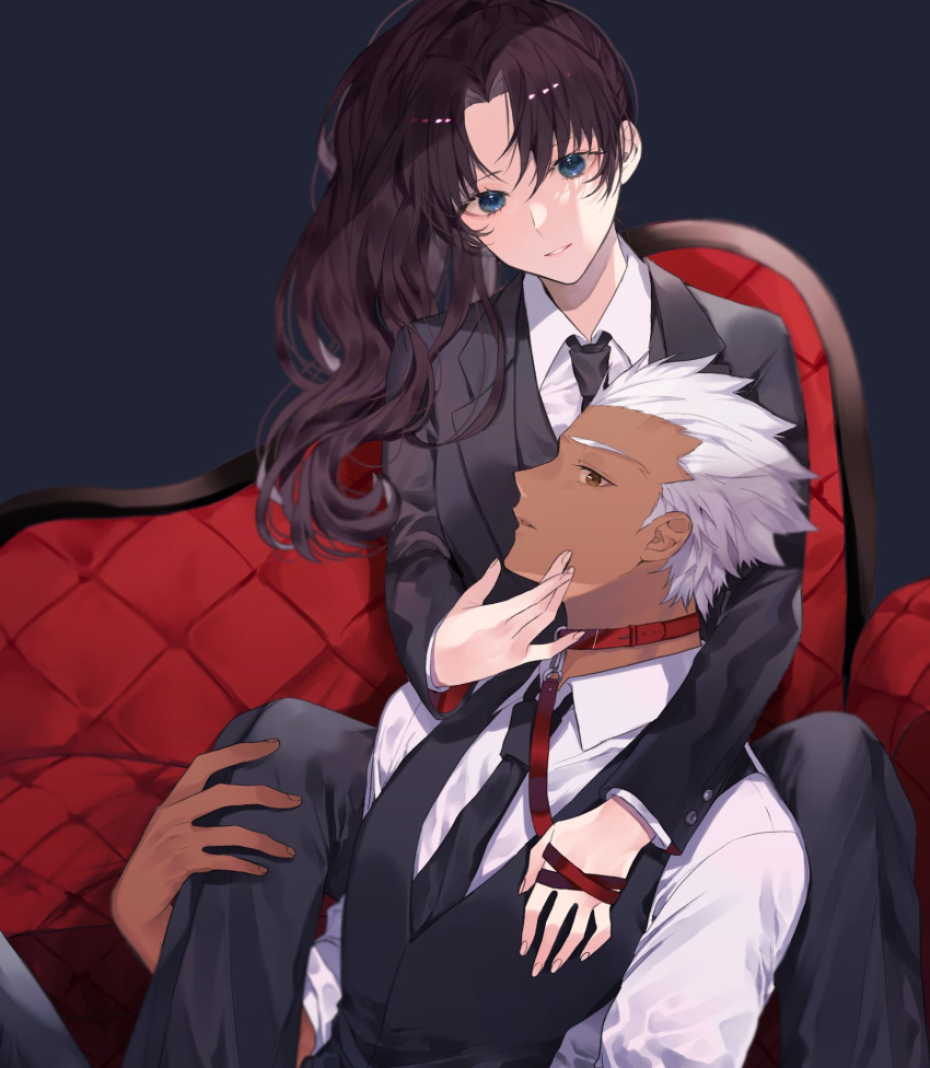 1boy 1girl alternate_costume archer_(fate) bangs black_hair black_jacket black_neckwear black_pants black_vest blue_eyes collar collared_shirt commentary_request couch crossdressinging dark_skin dark_skinned_male fate/grand_order fate_(series) formal highres holding jacket leash long_hair long_sleeves looking_at_viewer necktie on_couch pants parted_bangs ponytail red_collar shimatori_(sanyyyy) shiny shiny_hair shirt sitting suit tohsaka_rin vest white_hair white_shirt