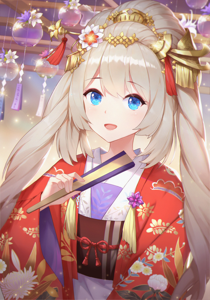 1girl absurdres bangs blue_eyes commentary_request eyebrows_visible_through_hair fan fate/grand_order fate_(series) folding_fan gradient gradient_background gu_tao hair_ornament highres holding holding_fan japanese_clothes kimono long_hair looking_at_viewer marie_antoinette_(fate) obi sash sidelocks silver_hair solo sparkle the_princess'_pilgrimage tri_tails