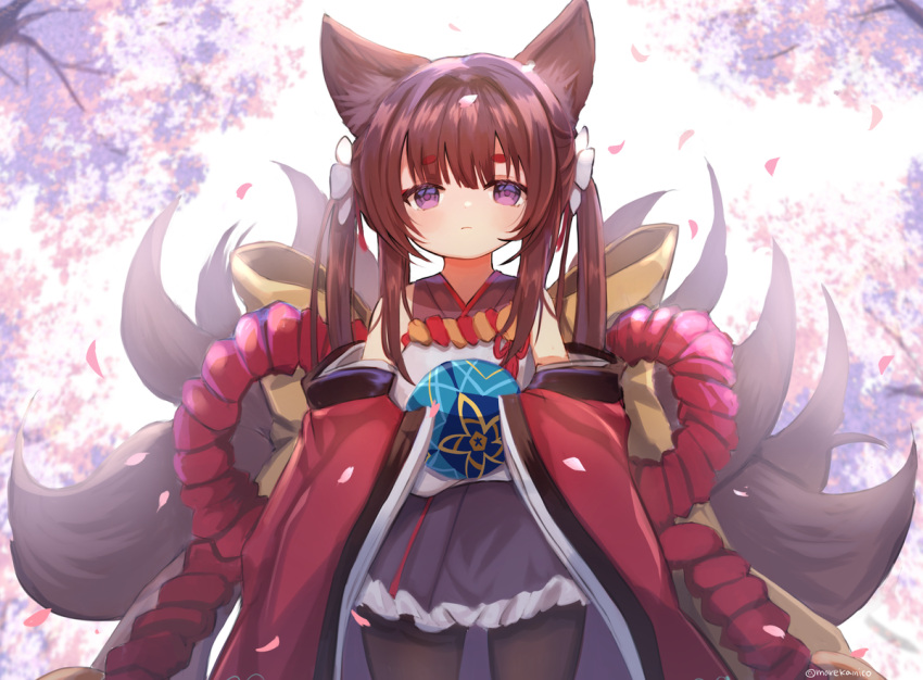 1girl amagi-chan_(azur_lane) animal_ears azur_lane ball bangs black_legwear blunt_bangs blurry brown_hair commentary_request depth_of_field eyebrows_visible_through_hair eyes_visible_through_hair fox_ears fox_girl fox_tail hair_ribbon holding holding_ball kyuubi long_hair looking_at_viewer marekamico multiple_tails off-shoulder_kimono pantyhose ribbon rope shimenawa sidelocks solo tail thick_eyebrows twintails violet_eyes wide_sleeves