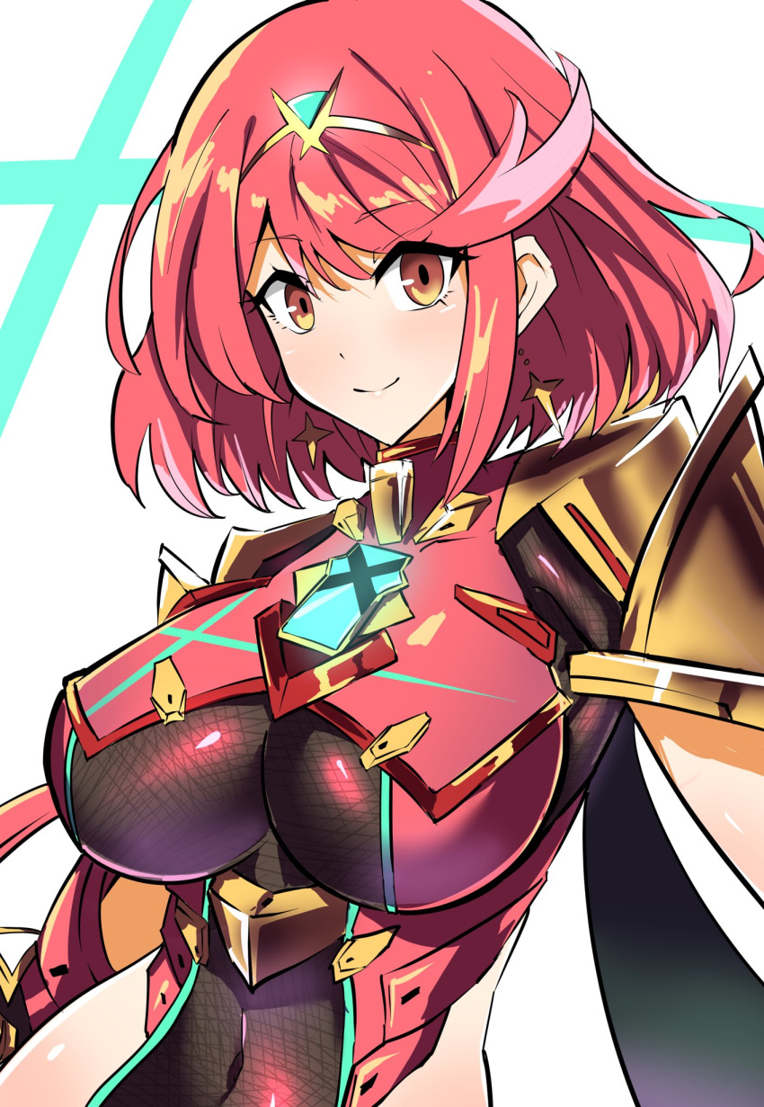 1girl armor bangs breasts chest_jewel cleavage_cutout clothing_cutout earrings eyebrows_visible_through_hair headpiece highres jewelry looking_at_viewer pyra_(xenoblade) red_eyes redhead short_hair smile solo swept_bangs synchroman xenoblade_chronicles_(series) xenoblade_chronicles_2