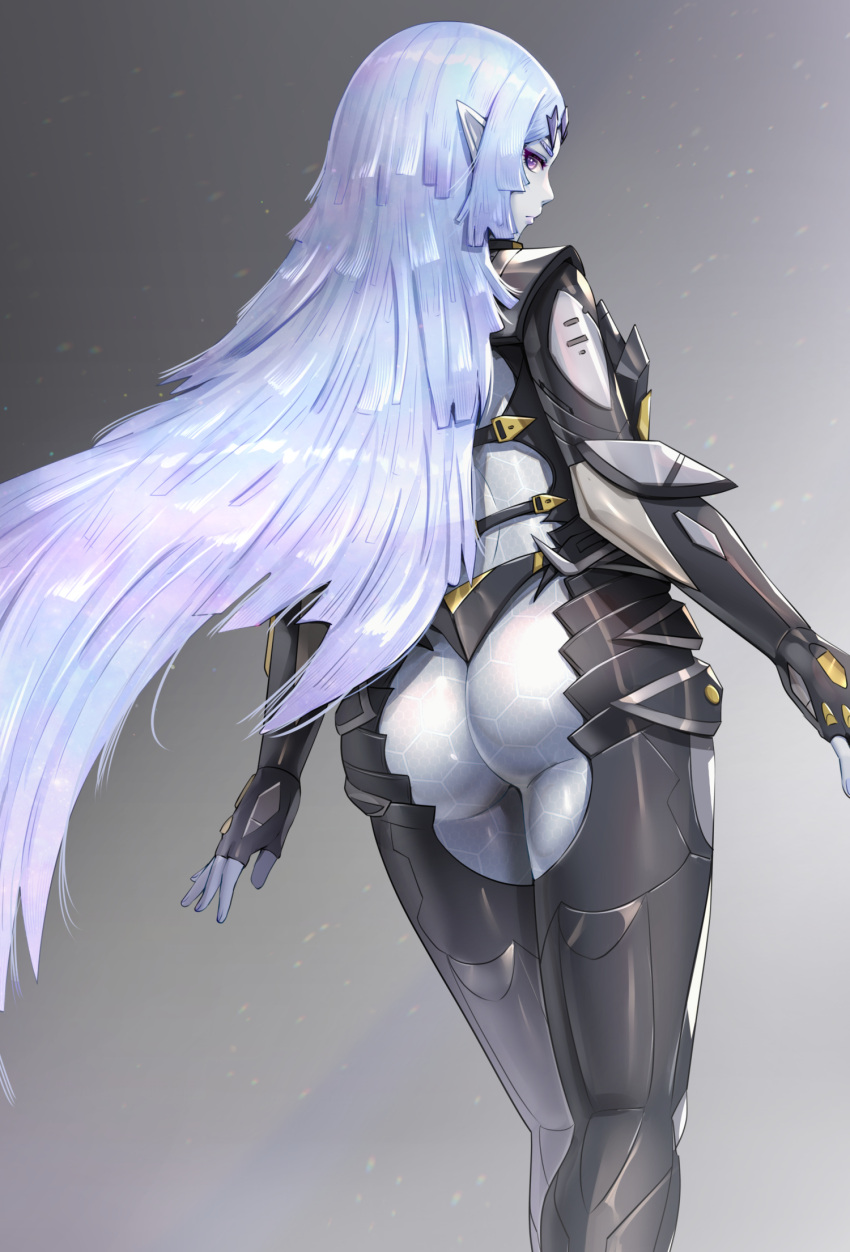 1girl ass duplicate elma_(true_form)_(xenoblade_x) elma_(xenoblade_x) feet_out_of_frame fingerless_gloves from_behind gloves gonzarez gradient gradient_background grey_background highres light_blue_hair long_hair pointy_ears solo very_long_hair xenoblade_chronicles_(series) xenoblade_chronicles_x
