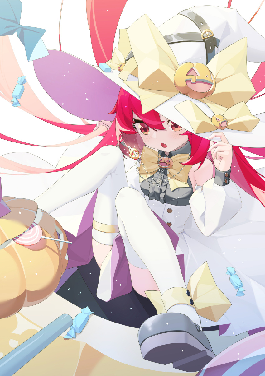 1girl :o absurdres aiee bow bowtie candy chinese_commentary dress food halloween hands_on_headwear highres lollipop pale_skin pumpkin red_eyes redhead shakugan_no_shana shana solo thigh-highs white_dress white_headwear white_legwear witch yellow_bow