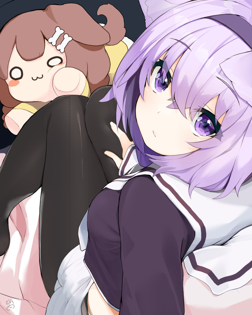 1girl :3 animal_ears bangs black_legwear breasts cat_ears cat_girl character_doll close-up closed_mouth commentary_request crop_top eyebrows_visible_through_hair feet_out_of_frame from_above hair_between_eyes hairband hand_on_own_thigh highres hololive inugami_korone knees_together_feet_apart long_sleeves looking_at_viewer looking_back medium_breasts nejime nekomata_okayu official_alternate_costume pantyhose purple_hair purple_shirt sailor_collar school_uniform serafuku shiny shiny_hair shirt short_hair sidelocks sitting solo violet_eyes virtual_youtuber