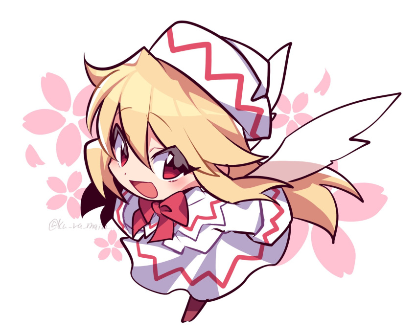 1girl :d bangs blonde_hair bow bowtie brown_footwear dress eyebrows_visible_through_hair fairy_wings flower full_body hair_between_eyes highres kuroshirase lily_white long_hair long_sleeves looking_at_viewer open_mouth pink_flower red_bow red_eyes red_neckwear simple_background smile solo standing touhou very_long_hair white_background white_dress white_headwear white_wings wings