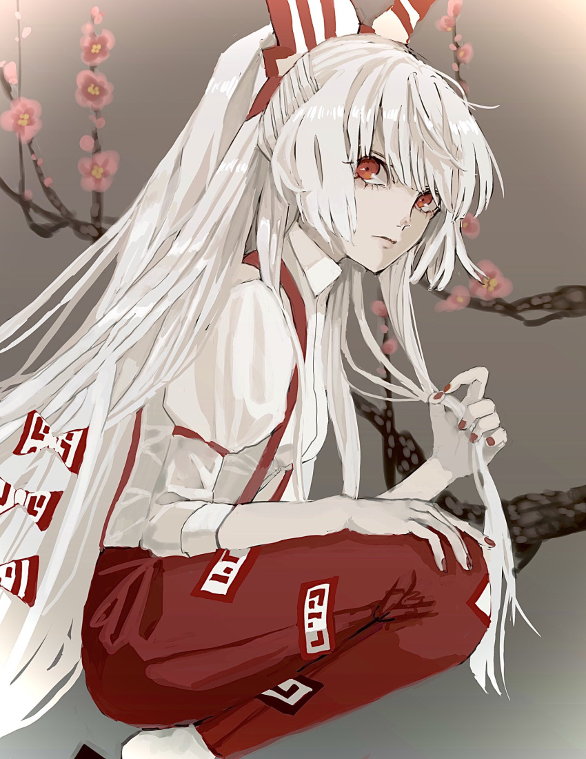 1girl absurdly_long_hair arm_strap bangs bow brown_background cherry_blossoms closed_mouth collared_shirt fingernails from_side fujiwara_no_mokou gradient gradient_background hair_bow hand_in_hair hand_on_own_thigh highres lips long_hair looking_at_viewer looking_to_the_side nanasuou pants ponytail puffy_short_sleeves puffy_sleeves red_eyes red_nails red_pants shiny shiny_hair shirt short_sleeves solo squatting suspenders talisman touhou tree_branch very_long_hair white_hair white_legwear white_shirt