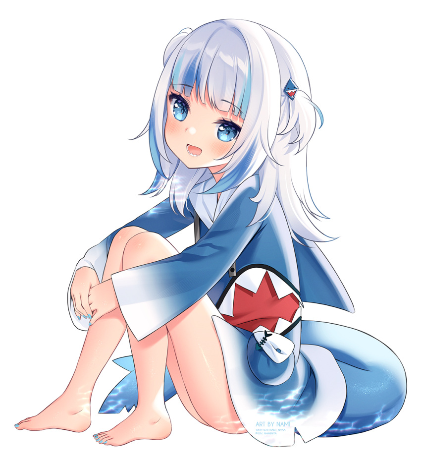 1girl :d artist_name bangs barefoot blue_eyes blue_hair blue_hoodie blue_nails blush commentary eyebrows_visible_through_hair fish_tail full_body gawr_gura hair_ornament highres hololive hood hood_down hoodie knees_up long_hair long_sleeves looking_at_viewer multicolored_hair nail_polish nami_(nyaa) open_mouth pixiv_username shark_tail sharp_teeth silver_hair simple_background sitting smile solo streaked_hair tail teeth toenail_polish twitter_username two_side_up virtual_youtuber white_background wide_sleeves