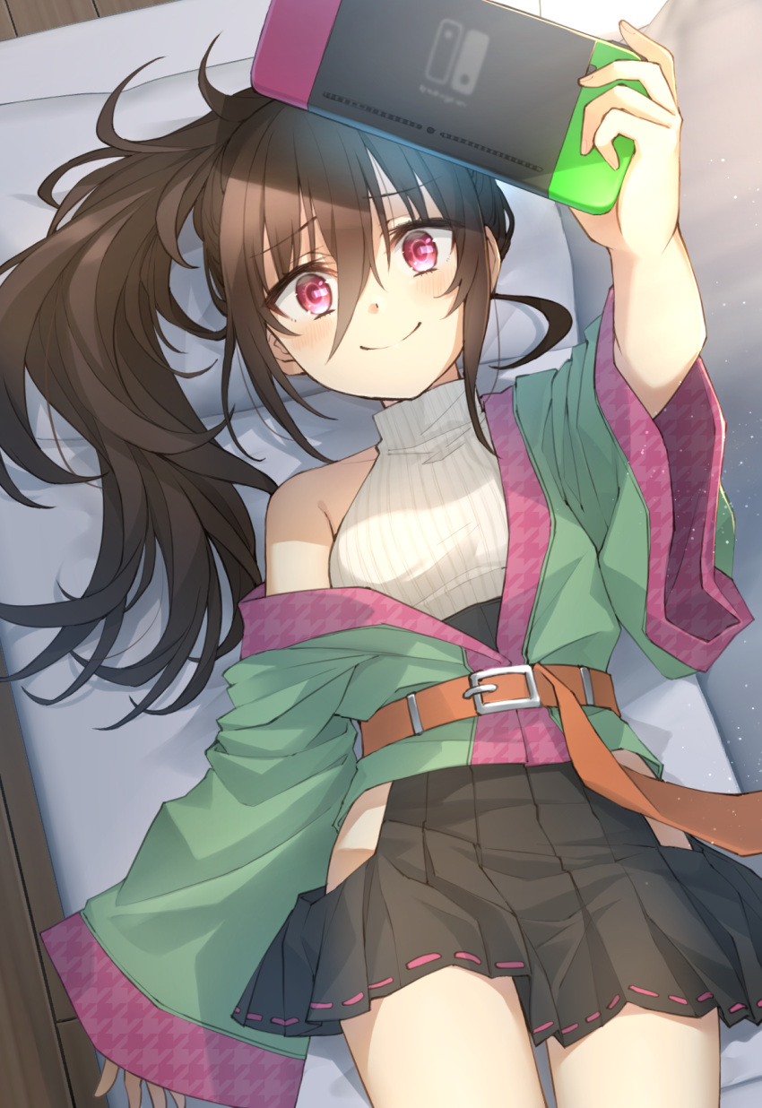 1girl arm_up bangs bare_shoulders belt belt_buckle black_skirt blush brown_belt brown_hair buckle closed_mouth commentary_request couch eyebrows_visible_through_hair hair_between_eyes hero-san_to_moto_onna_kanbu-san highres holding indoors long_hair long_sleeves lying nintendo_switch off_shoulder on_back on_couch pleated_skirt ponytail red_eyes ribbed_shirt ribbon-trimmed_skirt ribbon_trim shirt skirt sleeveless sleeveless_shirt sleeves_past_wrists smile solo somechime_(sometime1209) turtleneck very_long_hair white_shirt wide_sleeves wooden_floor