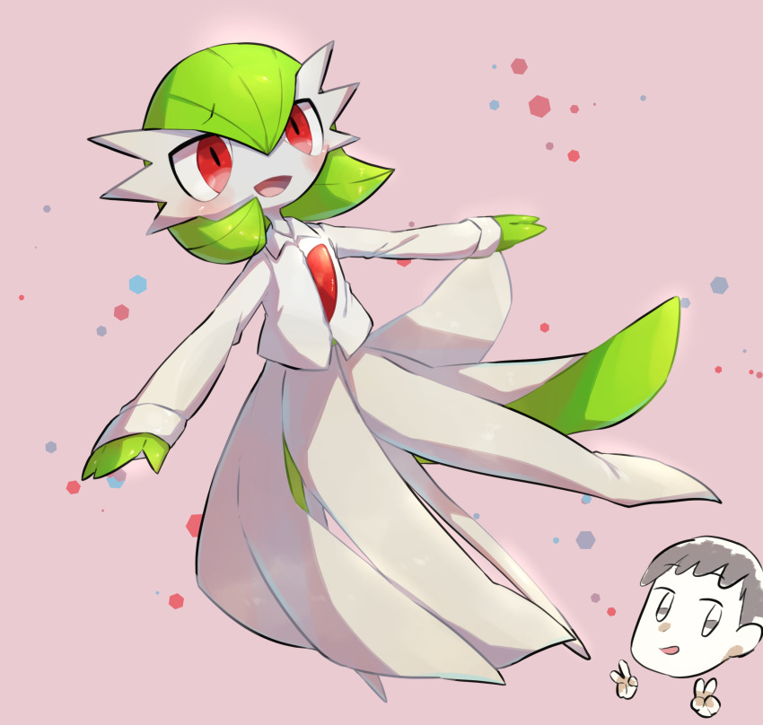 absurdres blush chibi chibi_inset clothed_pokemon collared_shirt commentary_request double_v full_body gardevoir gen_3_pokemon highres long_sleeves looking_at_viewer nullma open_mouth outstretched_arms pink_background pokemon red_eyes shirt smile tongue v white_shirt