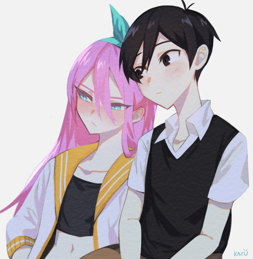 1boy 1girl artist_name aubrey_(omori) bangs black_eyes black_hair black_shirt black_sweater_vest blue_eyes blue_hairband blush bow_hairband closed_mouth collarbone collared_shirt commentary_request crop_top eyebrows_behind_hair eyes_visible_through_hair hair_between_eyes hair_dye hairband highres jacket kazuukarazu leaning_on_person leaning_to_the_side letterman_jacket long_hair long_sleeves looking_at_another looking_away midriff navel omori omori_(omori) open_clothes open_collar open_jacket pink_hair shirt short_hair short_sleeves side-by-side sidelocks simple_background sweater_vest symbol_commentary upper_body white_background white_jacket white_shirt wing_collar