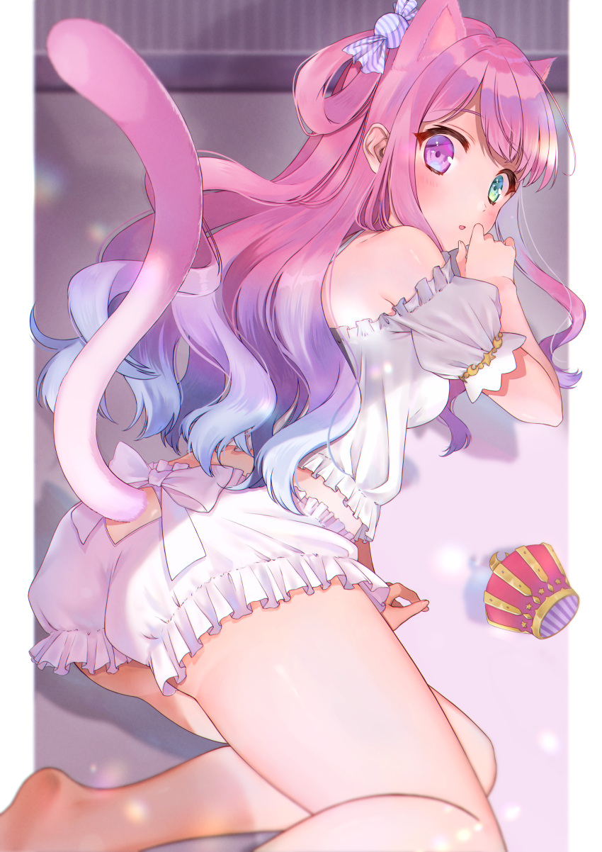 1girl absurdres animal_ears ass bare_shoulders bloomers blush camisole candy_hair_ornament cat_ears cat_girl cat_tail clothing_cutout crown crown_removed detached_sleeves embarrassed food_themed_hair_ornament frilled_camisole from_behind gradient_hair green_eyes hair_ornament hair_rings heterochromia highres himemori_luna hololive huge_filesize kabi_akaru long_hair looking_at_viewer lying multicolored_hair off-shoulder_shirt off_shoulder on_stomach one_side_up parted_lips pink_hair purple_hair shirt solo tail tail_cutout thighs underwear underwear_only violet_eyes virtual_youtuber wavy_hair white_bloomers white_shirt