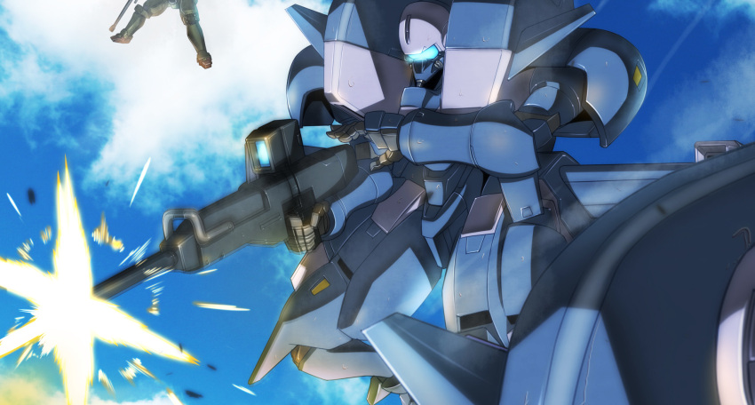 aries_(mobile_suit) clouds firing flying fujikusa gun gundam gundam_wing highres holding holding_gun holding_weapon leo_(mobile_suit) looking_down mecha mobile_suit no_humans open_hand science_fiction sky solo_focus visor weapon