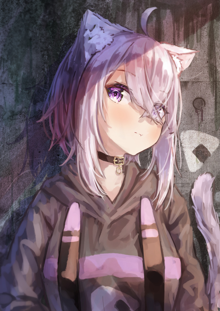 1girl absurdres ahoge animal_collar animal_ear_fluff animal_ears bangs black_hoodie cat_ears cat_girl cat_tail closed_mouth collar crossed_bangs eyebrows_visible_through_hair hair_between_eyes highres hololive hood hoodie huge_filesize long_sleeves looking_at_viewer medium_hair messy_hair nekomata_okayu onigiri_print purple_hair sidelocks solo tail upper_body violet_eyes virtual_youtuber yu_hydra