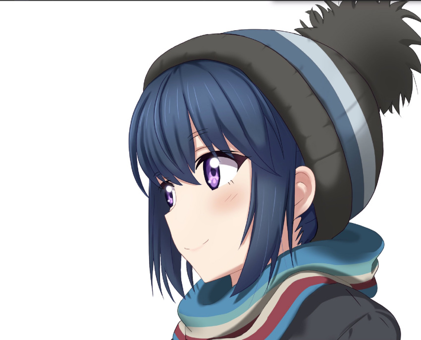 1girl bangs black_coat black_headwear blue_hair blush bobblehat closed_mouth coat commentary face highres looking_to_the_side mayu_p multicolored multicolored_stripes scarf shima_rin short_hair smile solo striped striped_scarf violet_eyes white_background yurucamp